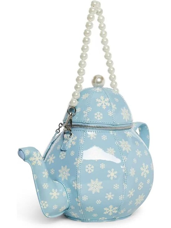 Handbags - Women’s Teapot Blue Purse Floral Pu Leather Crossbody Bag With Pearl Chains